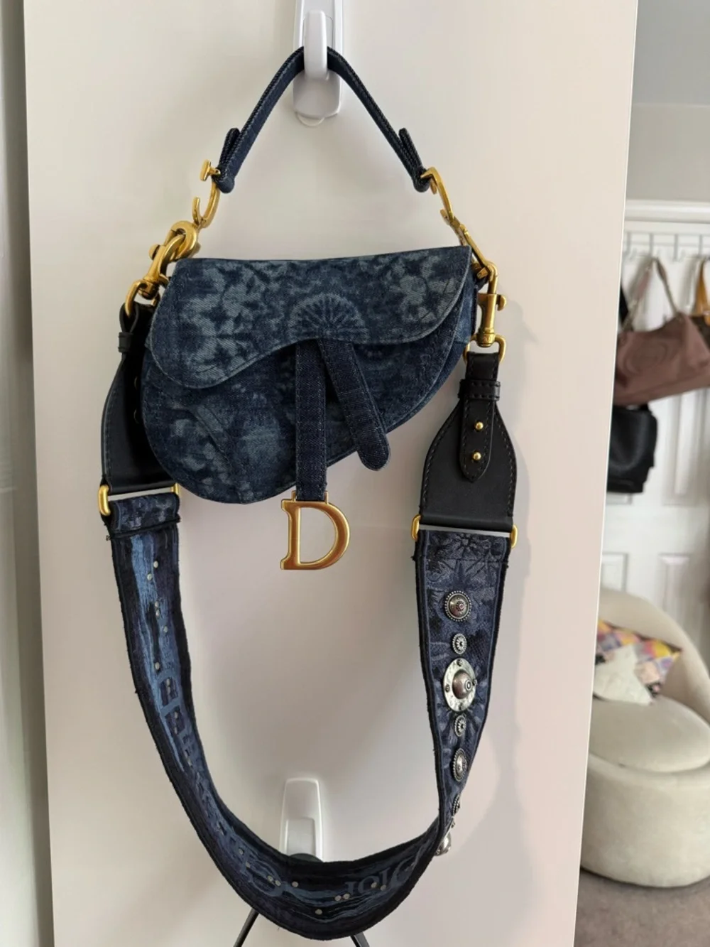 Dior Navy Denim Tie Dyed Saddle Mini Bag with Gold D Charm and Strap - Picture 16 of 16